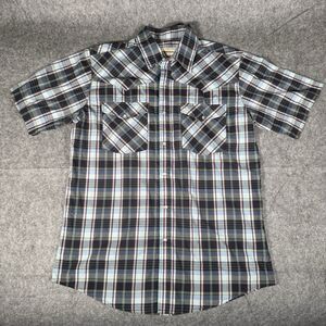 Bit & Bridle Shirt Men Large Black Red Plaid Short Sleeve Pearl Snap Flap Pocket